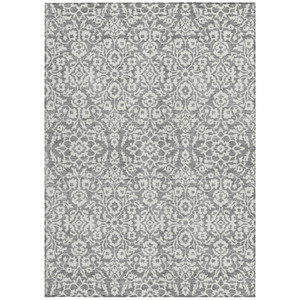 9' X 12' Gray And Ivory Damask Washable Indoor Outdoor Area Rug