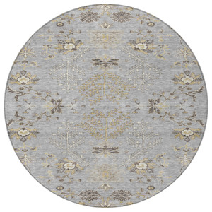 8' Gray Beige And Ivory Round Floral Washable Indoor Outdoor Area Rug - Gray, Beige, Ivory