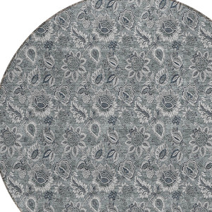 8' Gray Silver And Charcoal Round Floral Washable Indoor Outdoor Area Rug - 608219217709