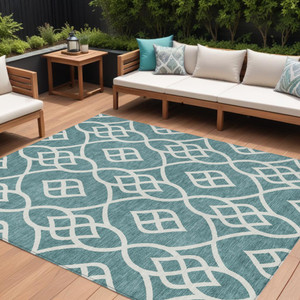 10' X 14' Teal Blue And Ivory Trellis Washable Indoor Outdoor Area Rug