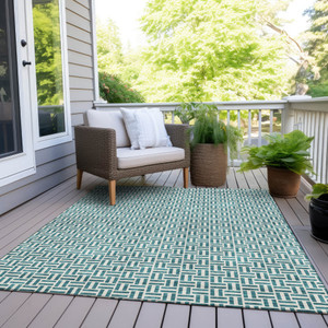 9' X 12' Teal Blue And Silver Geometric Washable Indoor Outdoor Area Rug - 606114936398