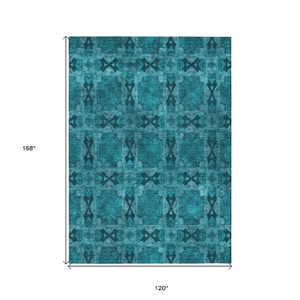 10' X 14' Teal Floral Medallion Washable Non Skid Indoor Outdoor Area Rug - Teal Blue