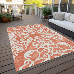 9' X 12' Coral And Ivory Damask Washable Indoor Outdoor Area Rug