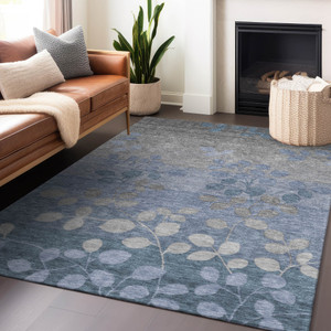 8' X 10' Denim Blue And Gray Floral Washable Indoor Outdoor Area Rug