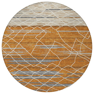 8' Terra Cotta Beige And Ivory Round Striped Washable Indoor Outdoor Area Rug