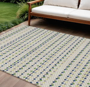 9' X 12' Linen And Lime Green Striped Washable Indoor Outdoor Area Rug