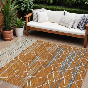 8' X 10' Terra Cotta Beige And Ivory Striped Washable Indoor Outdoor Area Rug