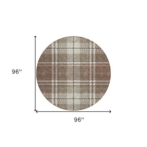 8' Brown Black And Ivory Round Plaid Washable Indoor Outdoor Area Rug