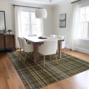 10' X 14' Green Beige and Gray Plaid Washable Non Skid Indoor Outdoor Area Rug