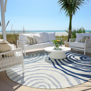 8' Ivory And Navy Blue Round Abstract Washable Indoor Outdoor Area Rug