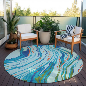 8' Blue Pink And Green Round Abstract Washable Indoor Outdoor Area Rug
