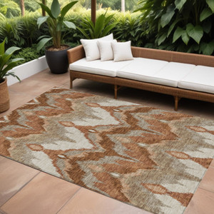9' X 12' Orange Beige And Copper Ikat Washable Indoor Outdoor Area Rug