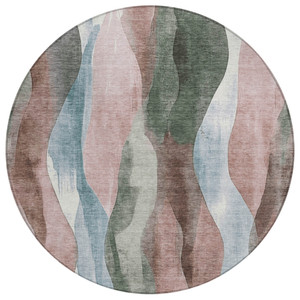 8' Salmon And Denim Blue Round Abstract Washable Indoor Outdoor Area Rug