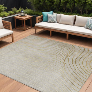 10' X 14' Beige And Silver Abstract Washable Indoor Outdoor Area Rug - Beige, Silver