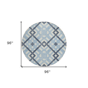 8' Sky Blue Navy Blue And Ivory Round Geometric Washable Indoor Outdoor Area Rug