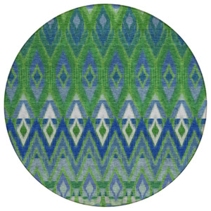 8' Green And Blue Round Southwestern Washable Indoor Outdoor Area Rug