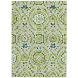 10' X 14' Artichoke Green Olive Green And Blue Floral Washable Indoor Outdoor Area Rug