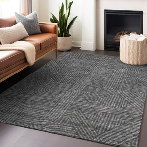 8' X 10' Charcoal And Gray Abstract Washable Indoor Outdoor Area Rug
