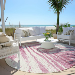 8' Blush And Ivory Round Abstract Washable Indoor Outdoor Area Rug