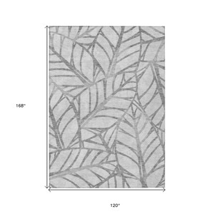 10' X 14' Gray And Silver Floral Washable Indoor Outdoor Area Rug