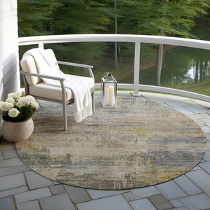 8' Pewter And Wheat Round Abstract Washable Indoor Outdoor Area Rug