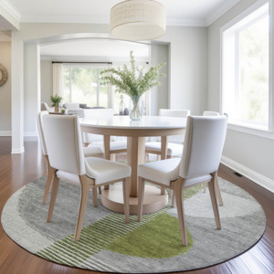 8' Olive Green And Gray Round Geometric Washable Indoor Outdoor Area Rug