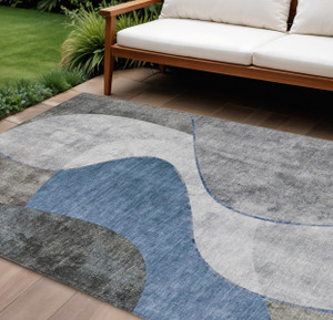 8' X 10' Denim Blue And Sky Blue Abstract Washable Indoor Outdoor Area Rug - 608219062729