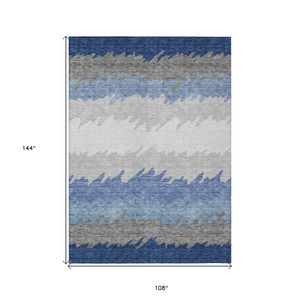 9' X 12' Navy Blue Gray And Silver Striped Washable Indoor Outdoor Area Rug