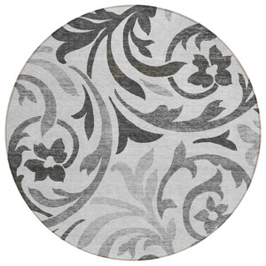 8' Gray Charcoal And Silver Round Floral Washable Indoor Outdoor Area Rug - 608219182335