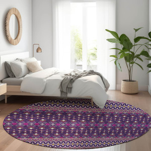 8' Purple Pink And Yellow Round Tribal Washable Indoor Outdoor Area Rug