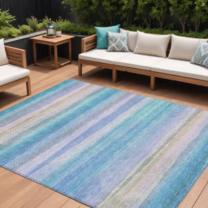 9' X 12' Aqua Lavender And Peach Striped Washable Indoor Outdoor Area Rug