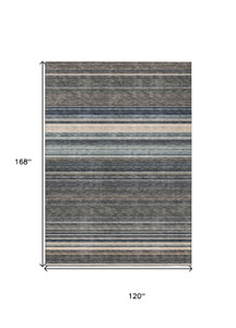 10' X 14' Taupe Beige And Pewter Striped Washable Indoor Outdoor Area Rug