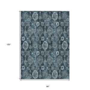 8' X 10' Teal Blue And Sky Blue Damask Washable Indoor Outdoor Area Rug