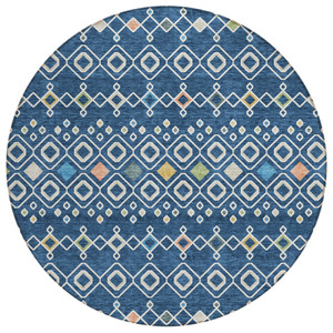 8' Navy Blue Ivory And Peach Round Geometric Washable Indoor Outdoor Area Rug
