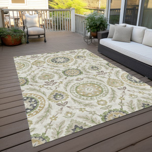 10' X 14' Ivory Beige And Taupe Floral Washable Indoor Outdoor Area Rug