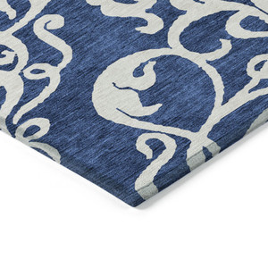 9' X 12' Navy Blue And Ivory Damask Washable Indoor Outdoor Area Rug