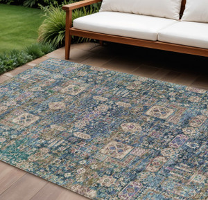 8' X 10' Green Navy Blue And Ivory Oriental Washable Indoor Outdoor Area Rug