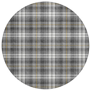 8' Charcoal Ivory And Gold Round Plaid Washable Indoor Outdoor Area Rug