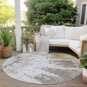 8' Taupe Khaki And Ivory Round Abstract Washable Indoor Outdoor Area Rug