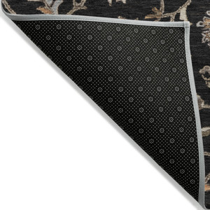 9' X 12' Black Brown And Ivory Floral Washable Indoor Outdoor Area Rug