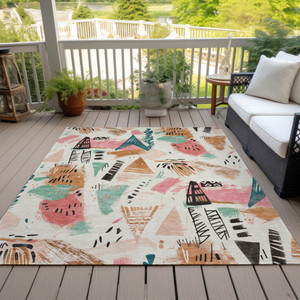 8' X 10' Ivory Blush And Teal Blue Abstract Washable Indoor Outdoor Area Rug