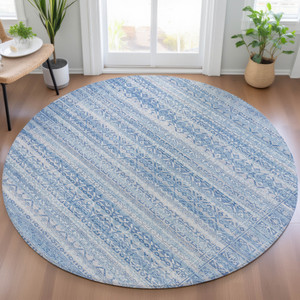 8' Sky Blue And Ivory Round Striped Washable Indoor Outdoor Area Rug - 880016613735