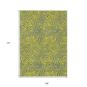 9' X 12' Yellow And Blue Abstract Washable Indoor Outdoor Area Rug