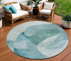 8' Teal Blue And Ivory Round Abstract Washable Indoor Outdoor Area Rug - Teal Blue, Ivory