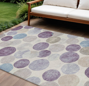 9' X 12' Plum Beige And Denim Blue Geometric Washable Indoor Outdoor Area Rug
