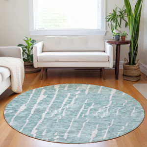 8' Teal Blue And Ivory Round Abstract Washable Indoor Outdoor Area Rug - 608219255213