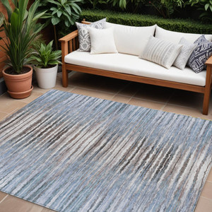 10' X 14' Sky Blue And Denim Blue Striped Washable Indoor Outdoor Area Rug