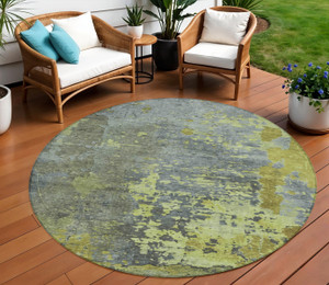 8' Fern Green Gray And Olive Green Round Abstract Washable Indoor Outdoor Area Rug