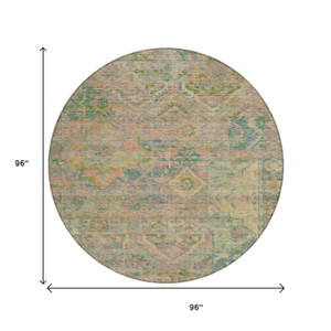 8' Green Teal Blue And Mauve Round Floral Medallion Washable Indoor Outdoor Area Rug