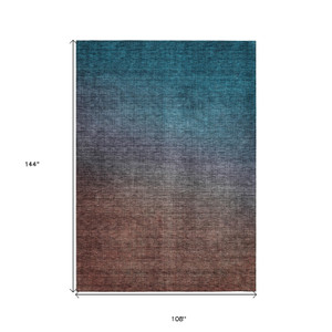 9' X 12' Teal Blue Chocolate And Charcoal Ombre Washable Indoor Outdoor Area Rug